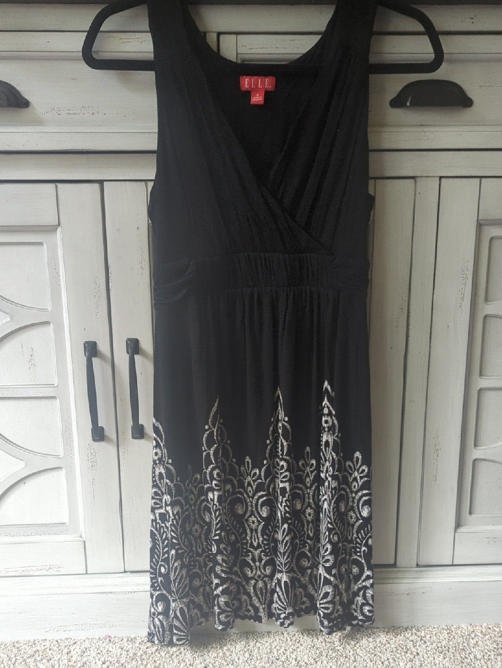 Elle Black Sleeveless Midi Dress with White Embroidered Hem